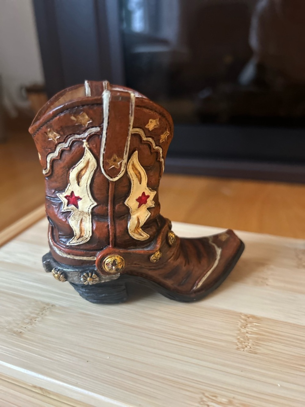 Hobby Lobby Brown and Cream Western Cowboy Boot Figurine with Red Stars, Hallow